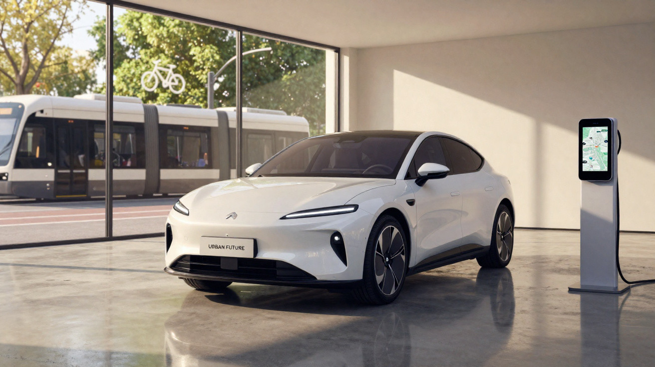 Carro elétrico branco Urban Future estacionado em showroom moderno com carregador ao lado e janela para rua movimentada.