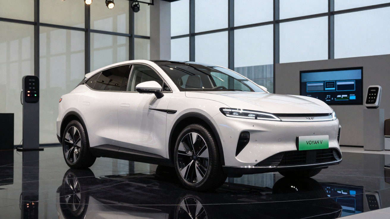 Carro elétrico branco estacionado em ambiente interno moderno com piso espelhado e painéis de vidro grandes.