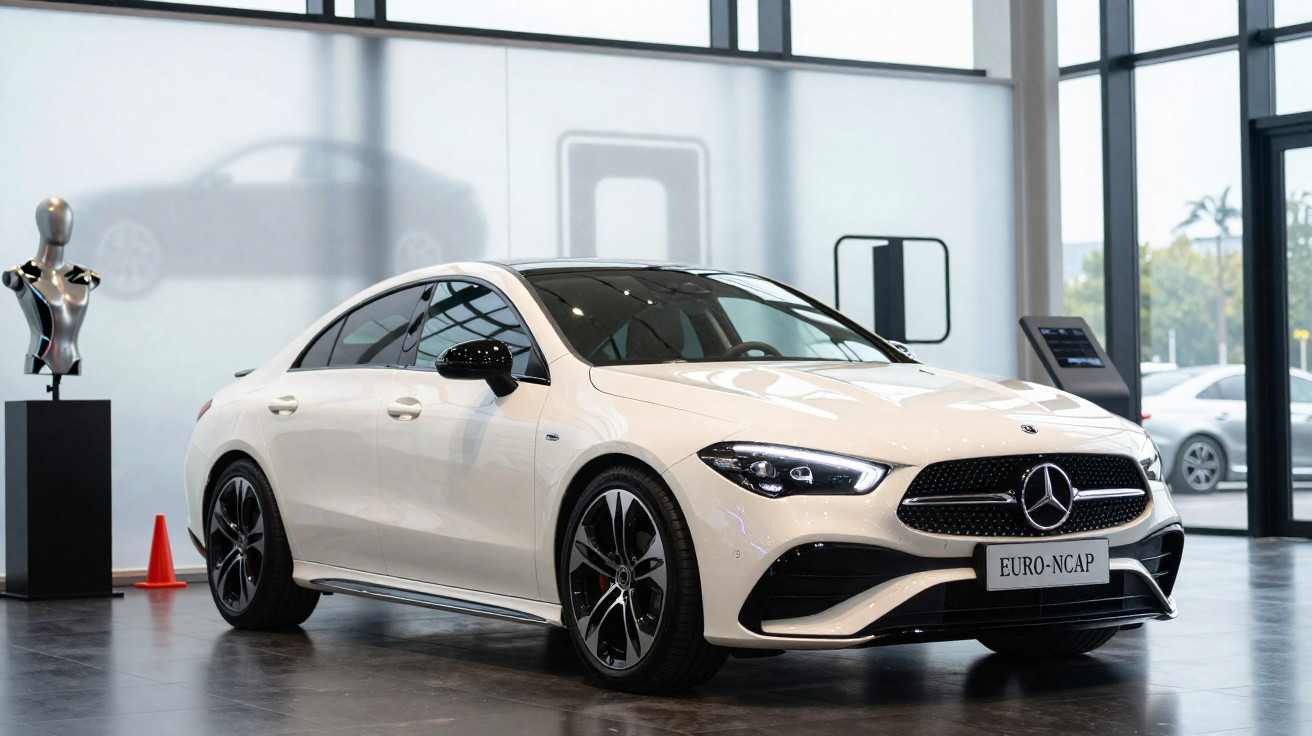 Carro branco Mercedes-Benz exposto em showroom moderno com piso refletivo e vidro ao fundo.