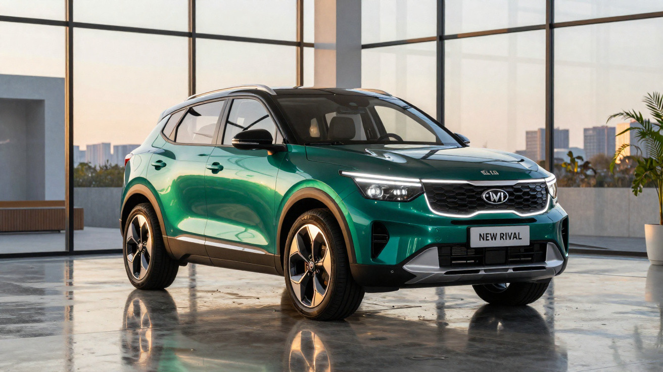 SUV elétrico verde metálico Kia New Rival estacionado em ambiente interno moderno com janelas amplas.