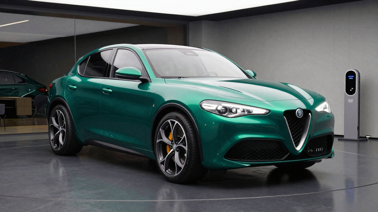 Carro esportivo verde Alfa Romeo estacionado em ambiente interno moderno com carregador ao fundo.