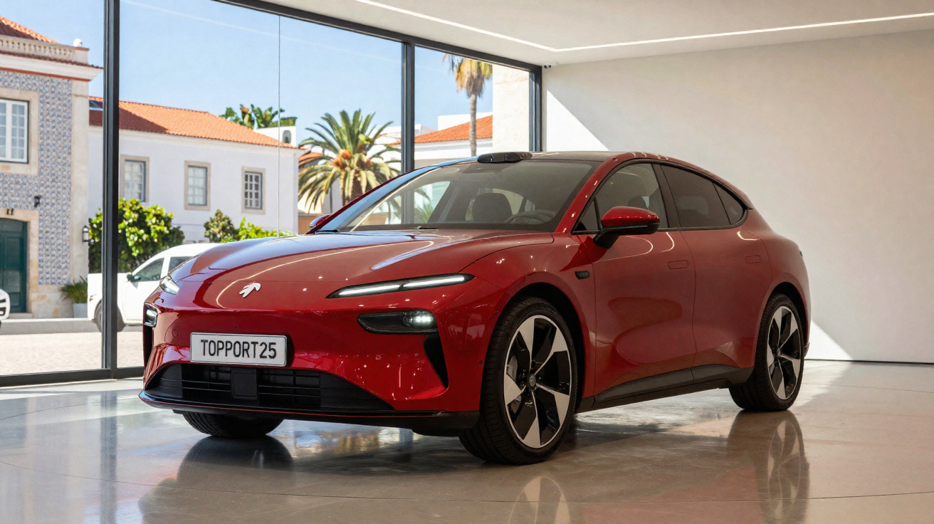 Carro elétrico vermelho estacionado em salão moderno com grandes janelas e piso brilhante.