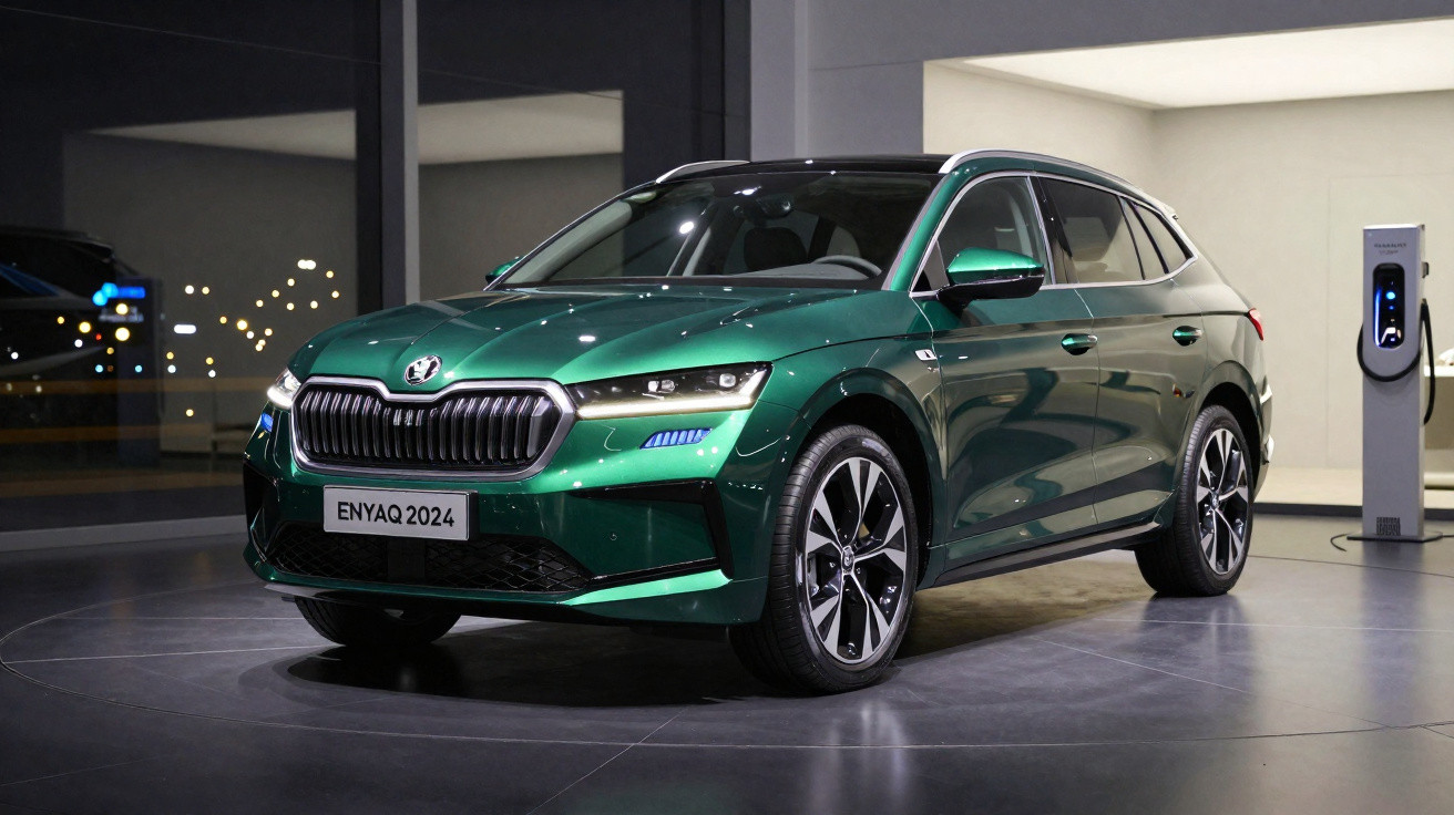 Carro elétrico SUV verde Skoda Enyaq 2024 em showroom moderno com estação de recarga ao lado.