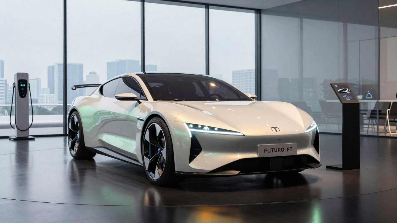 Carro esportivo elétrico branco em exposição interna com carregador e painéis de vidro ao fundo.