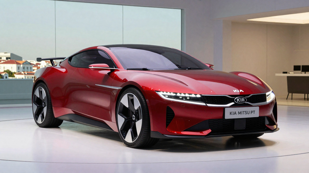 Carro esportivo vermelho Kia Mitsu PT exposto em ambiente interno moderno e minimalista.