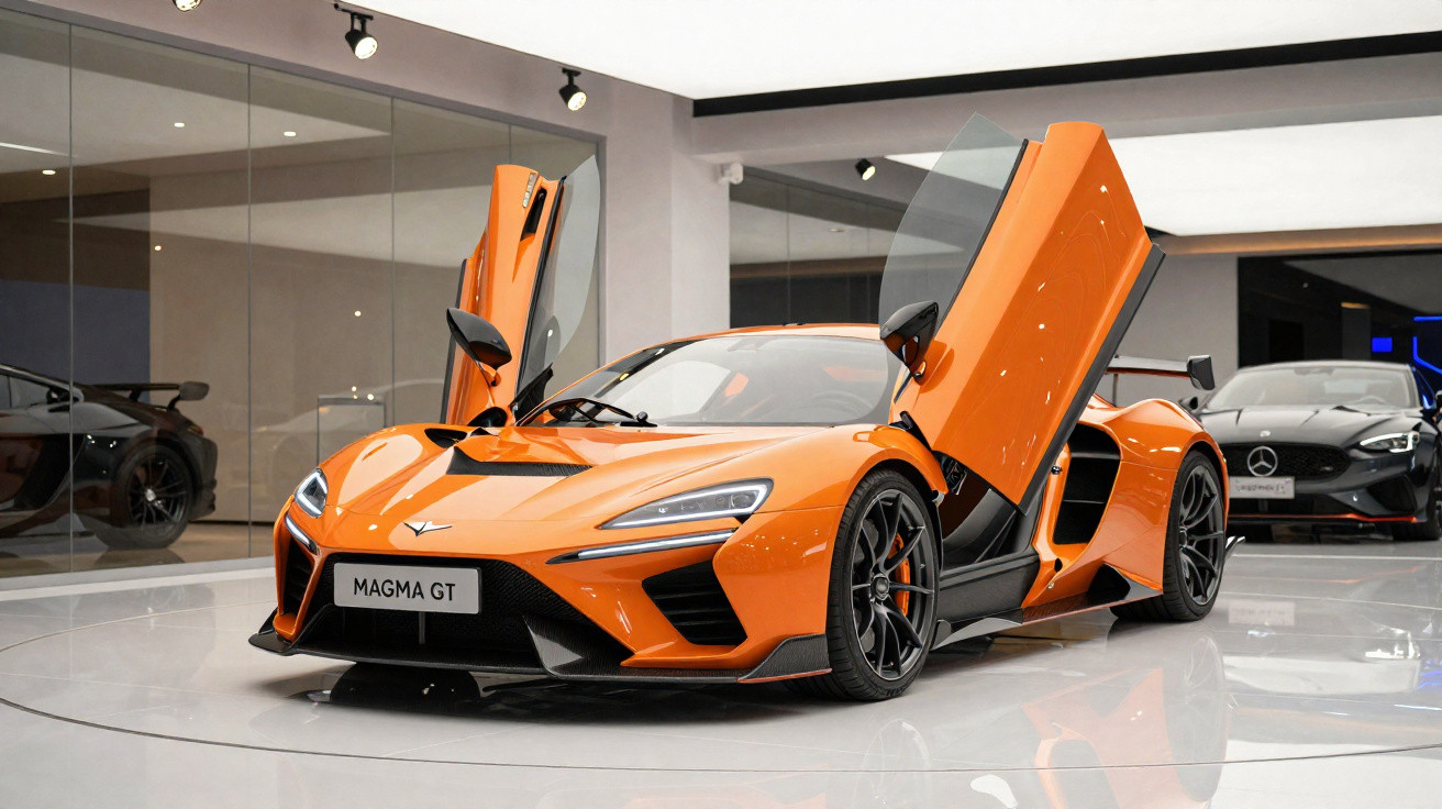 Carro esportivo laranja com portas abertas para cima em showroom moderno e iluminado.