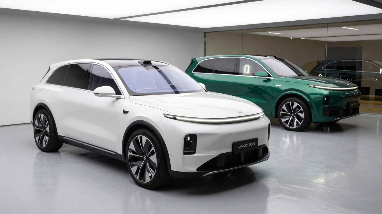 Dois carros elétricos SUV, um branco em primeiro plano e um verde ao fundo, em ambiente interno moderno e minimalista.