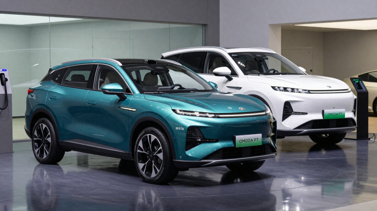 Dois veículos elétricos SUV em showroom, um verde e outro branco, com design moderno e elegante.