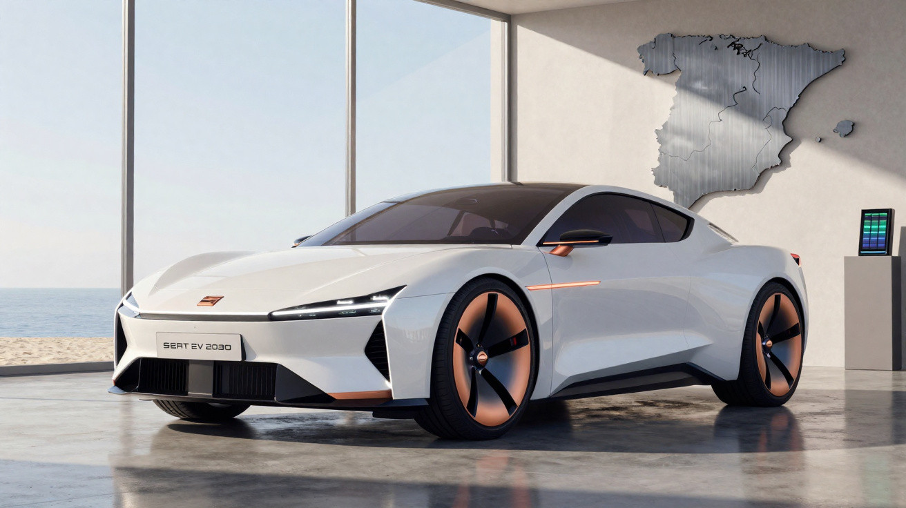 Carro elétrico branco futurista SEAT EV 2030 estacionado em ambiente moderno com janela e mapa da Espanha.