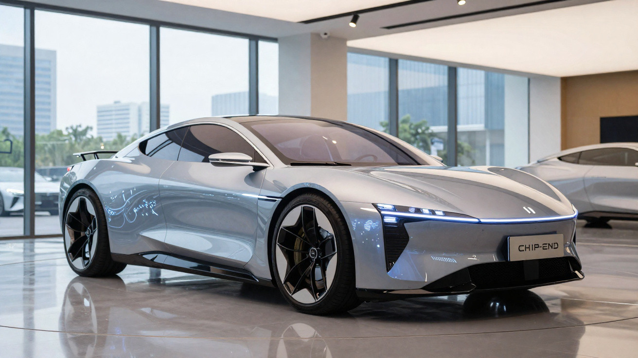 Carro esportivo elétrico prateado futurista em exibição em salão moderno com grandes janelas e piso brilhante.
