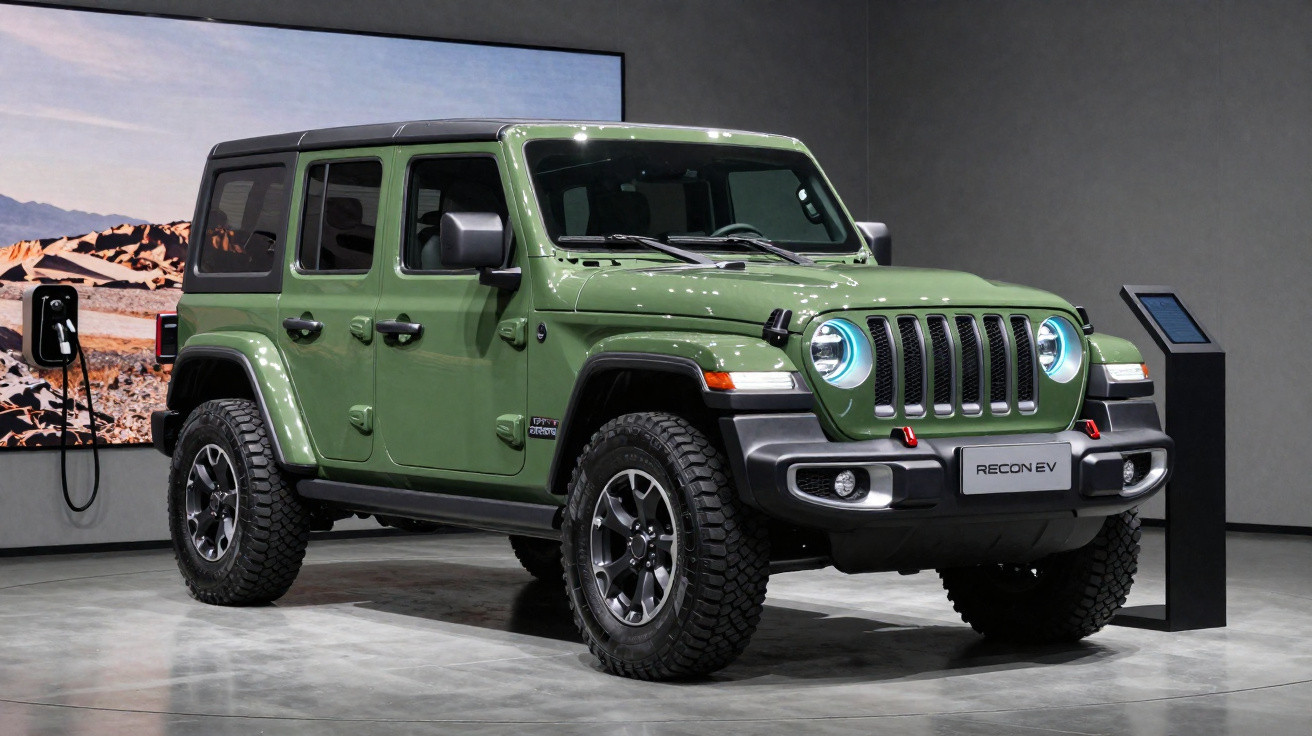 Jeep verde modelo Recon EV estacionado em ambiente interno com carregador elétrico ao fundo.