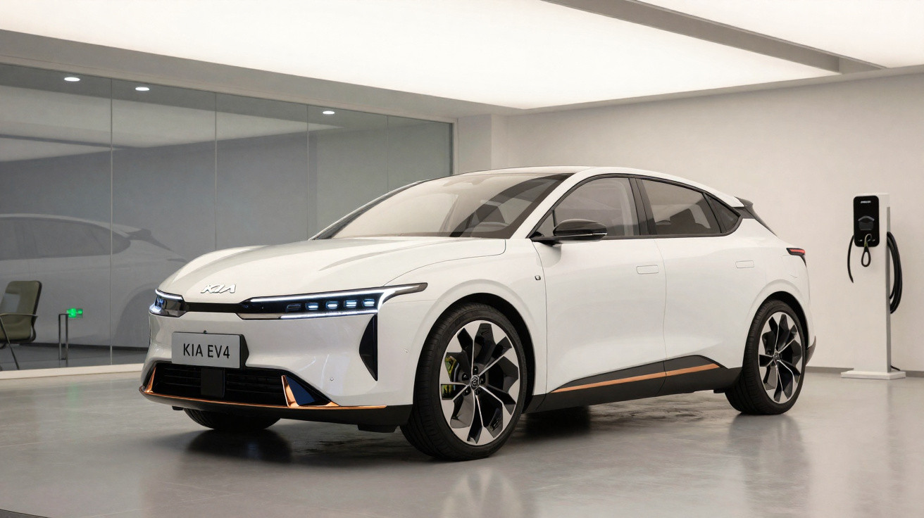 Carro elétrico branco Kia EV4 estacionado em ambiente moderno com estação de recarga na parede.
