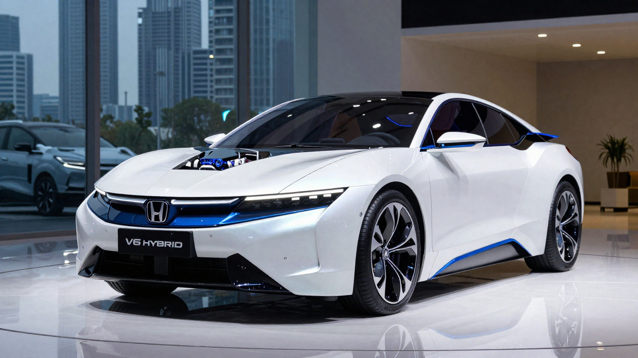 Carro esportivo branco Honda V6 Hybrid em exposição interna com motor parcialmente exposto no capô.