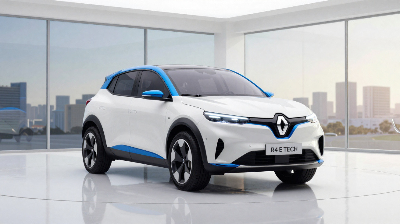 Carro Renault R4 E Tech branco e azul exibido em ambiente moderno com janelas amplas e vista urbana.