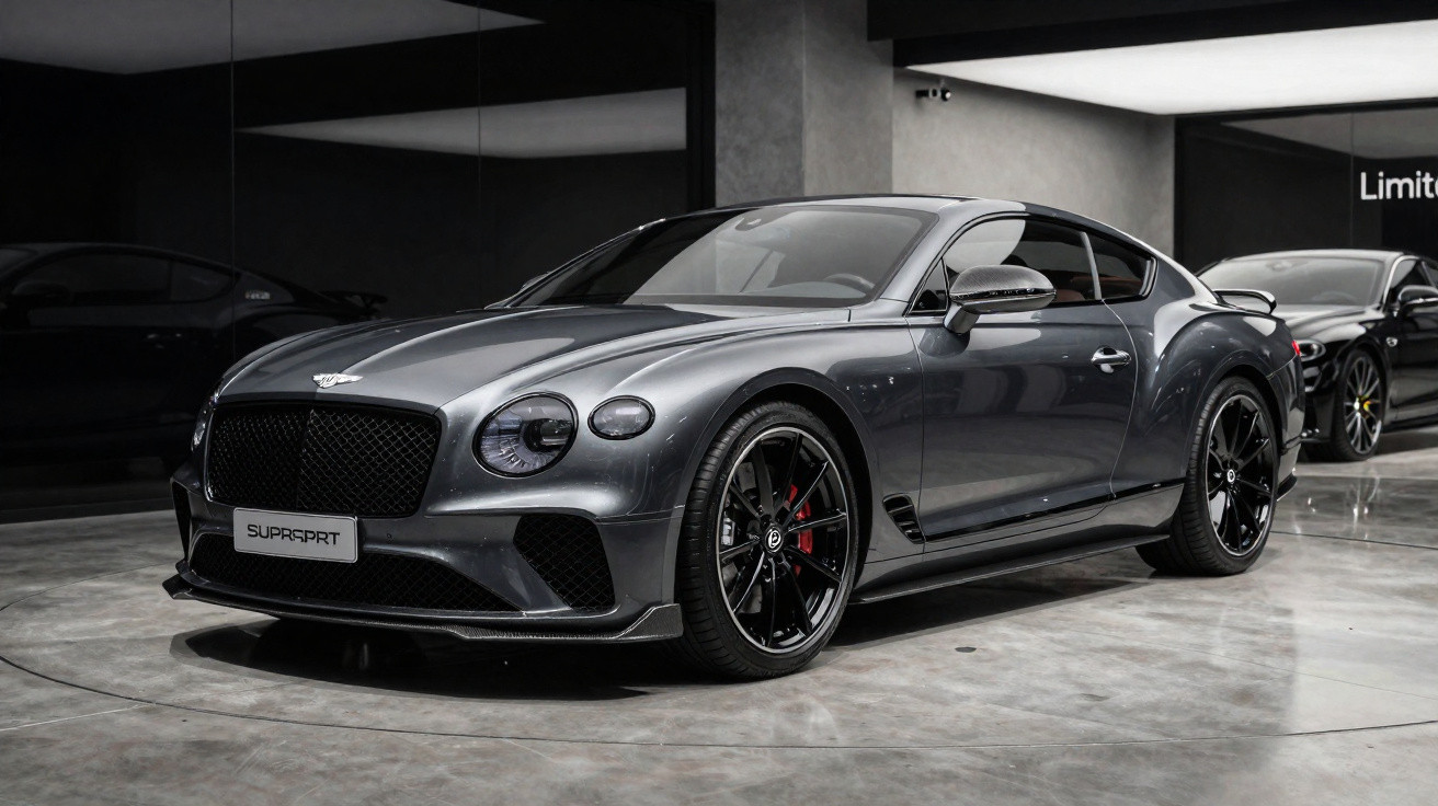 Carro esportivo cinza Bentley Continental GT estacionado em showroom moderno com piso de concreto polido.