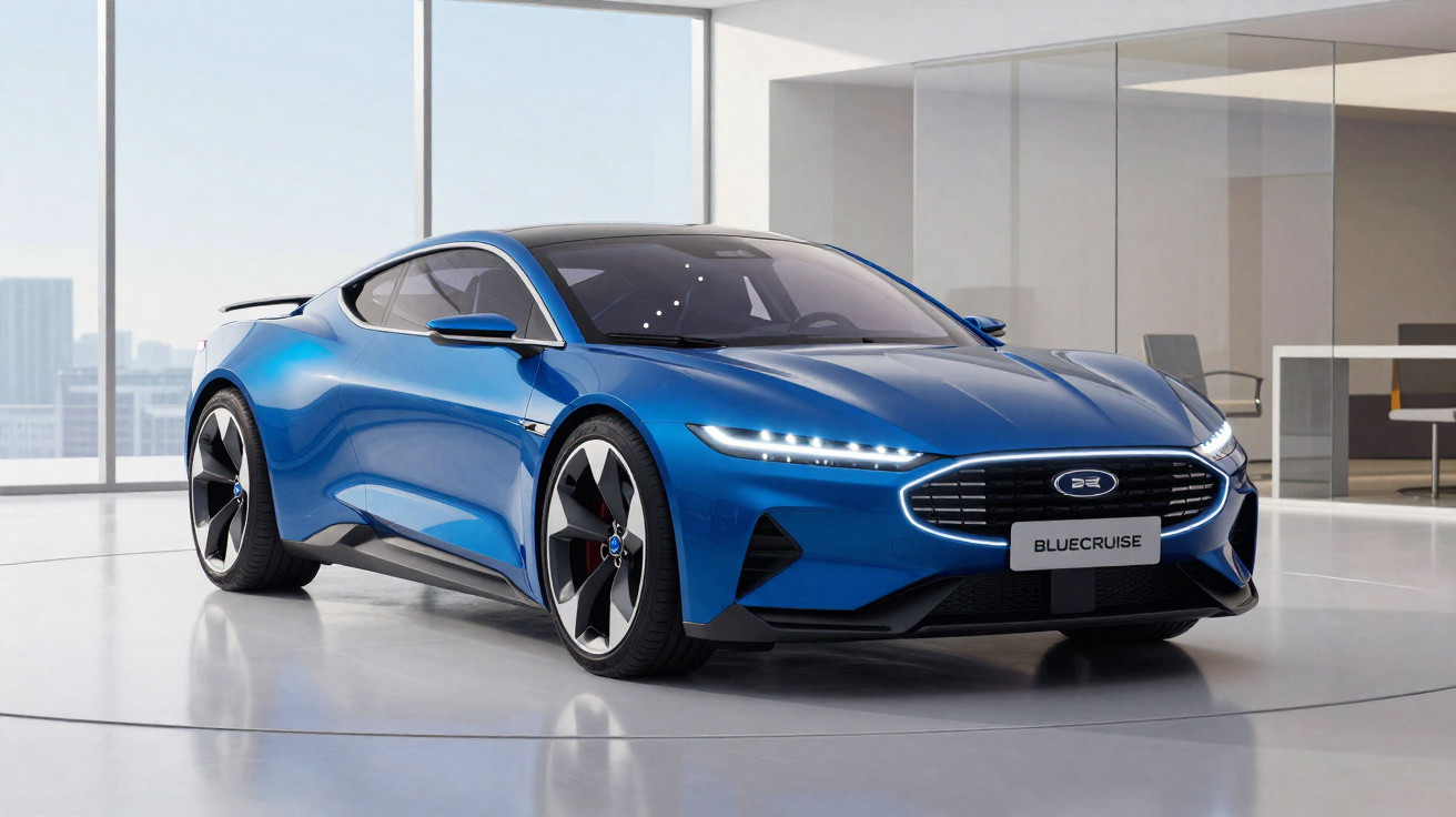 Carro esportivo elétrico azul, modelo Bluecruise, exibido em ambiente interno moderno e iluminado.
