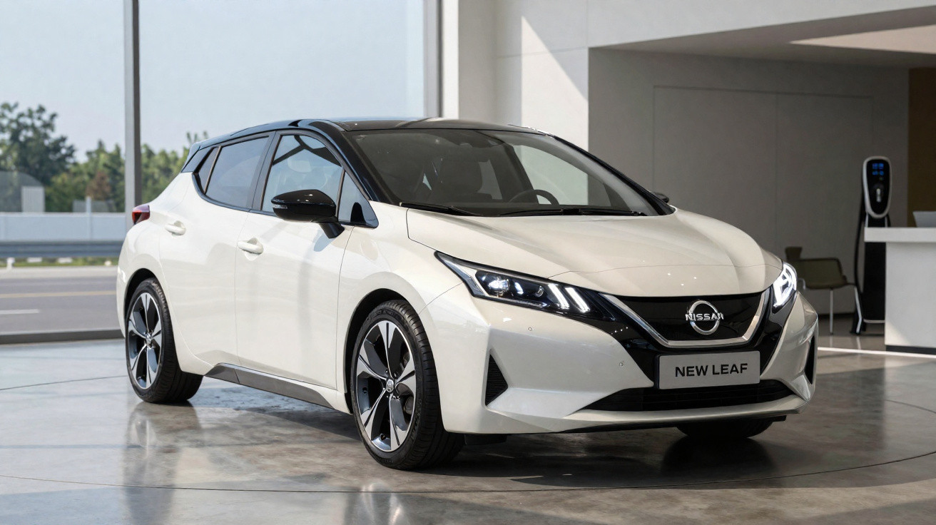 Carro elétrico Nissan New Leaf branco estacionado em ambiente interno moderno e iluminado.