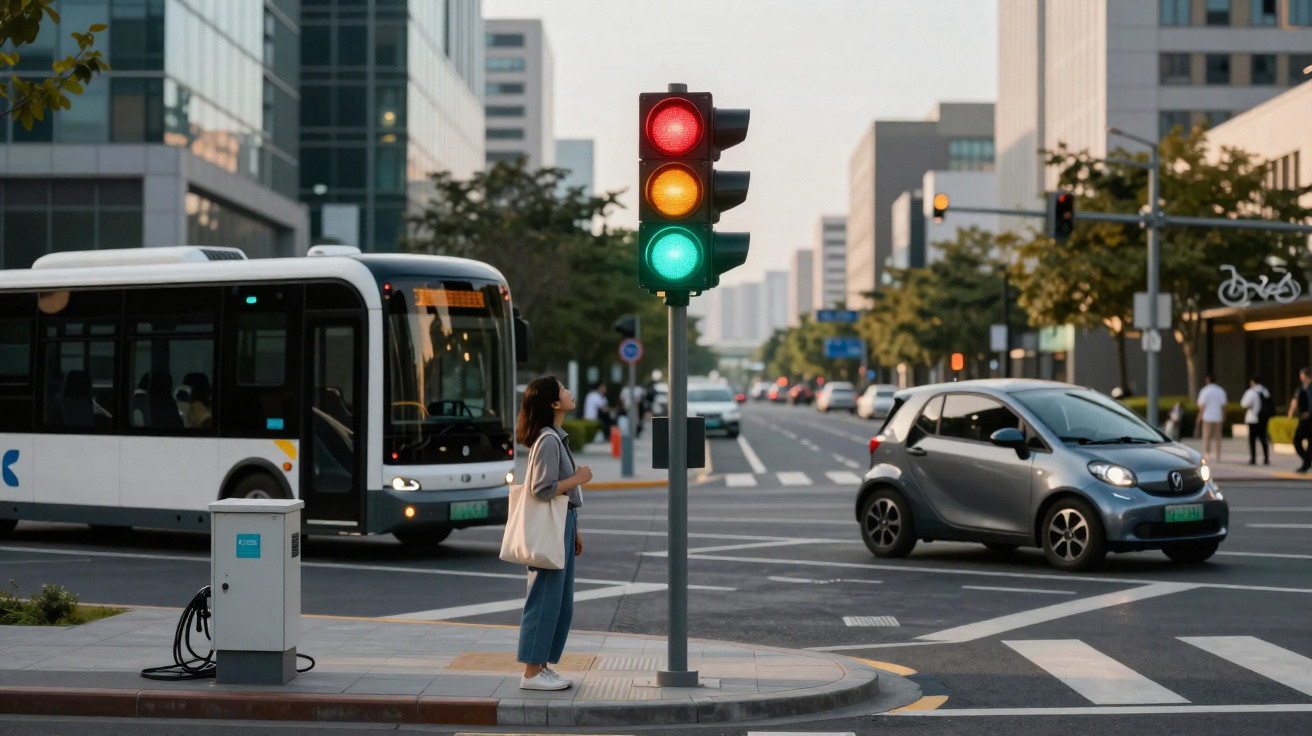 Semáforo com sinal vermelho, amarelo e verde acesos, mulher esperando para atravessar rua em cidade moderna.