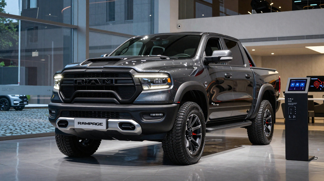 Picape RAM Rampage cinza escuro exibida em showroom moderno com iluminação natural e piso refletivo.