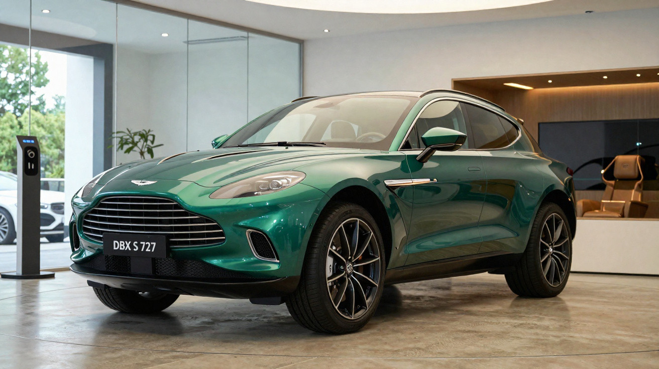 Carro esportivo verde Aston Martin DBX S 727 exposto em showroom moderno.