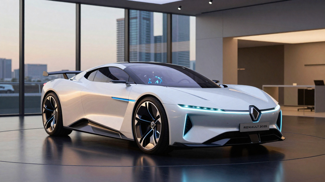 Carro esportivo elétrico branco Renault 2035 em showroom moderno com grandes janelas e vista urbana.