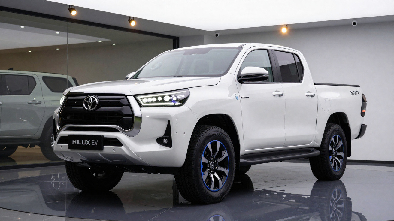 Picape Toyota Hilux EV branca em exposição dentro de showroom moderno com piso refletivo.