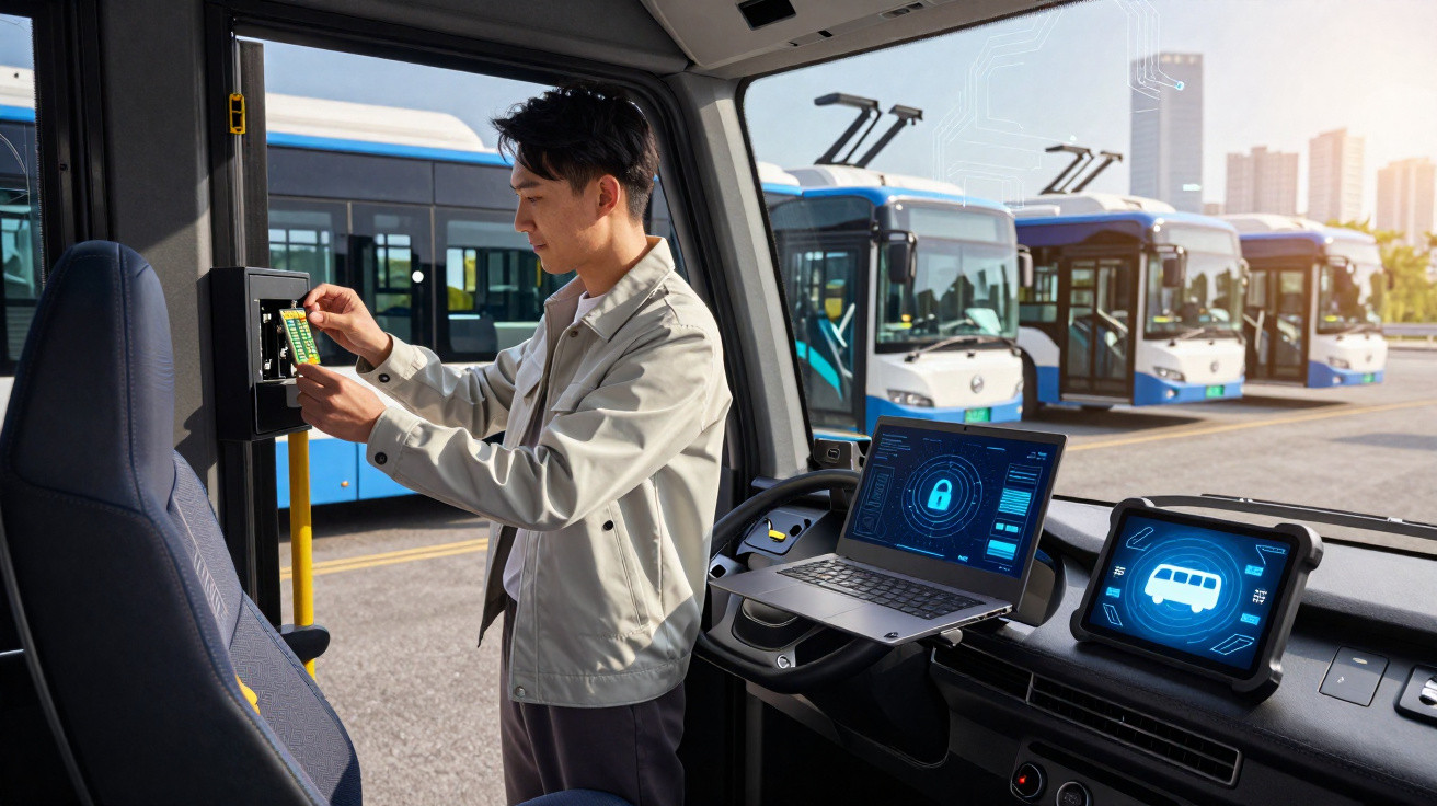 Homem usando cartão em máquina de controle dentro de ônibus com vários ônibus ao fundo.