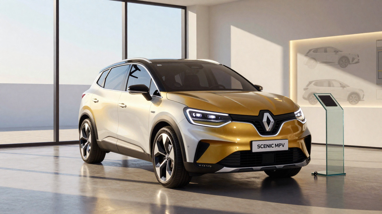 Carro Renault Scenic MPV dourado exposto em salão moderno com grandes janelas e iluminação natural.