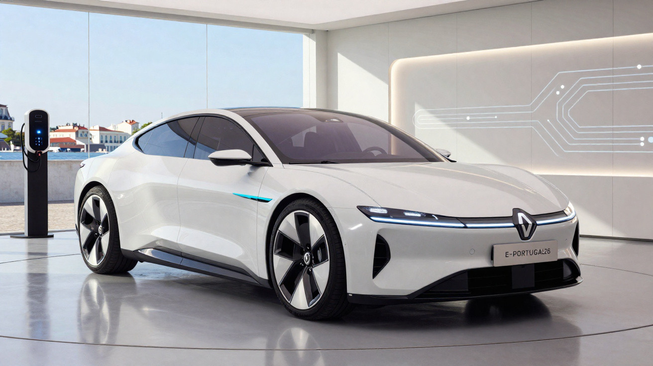 Carro elétrico branco da Renault modelo E-Portugal26 em carregador em ambiente moderno e minimalista.