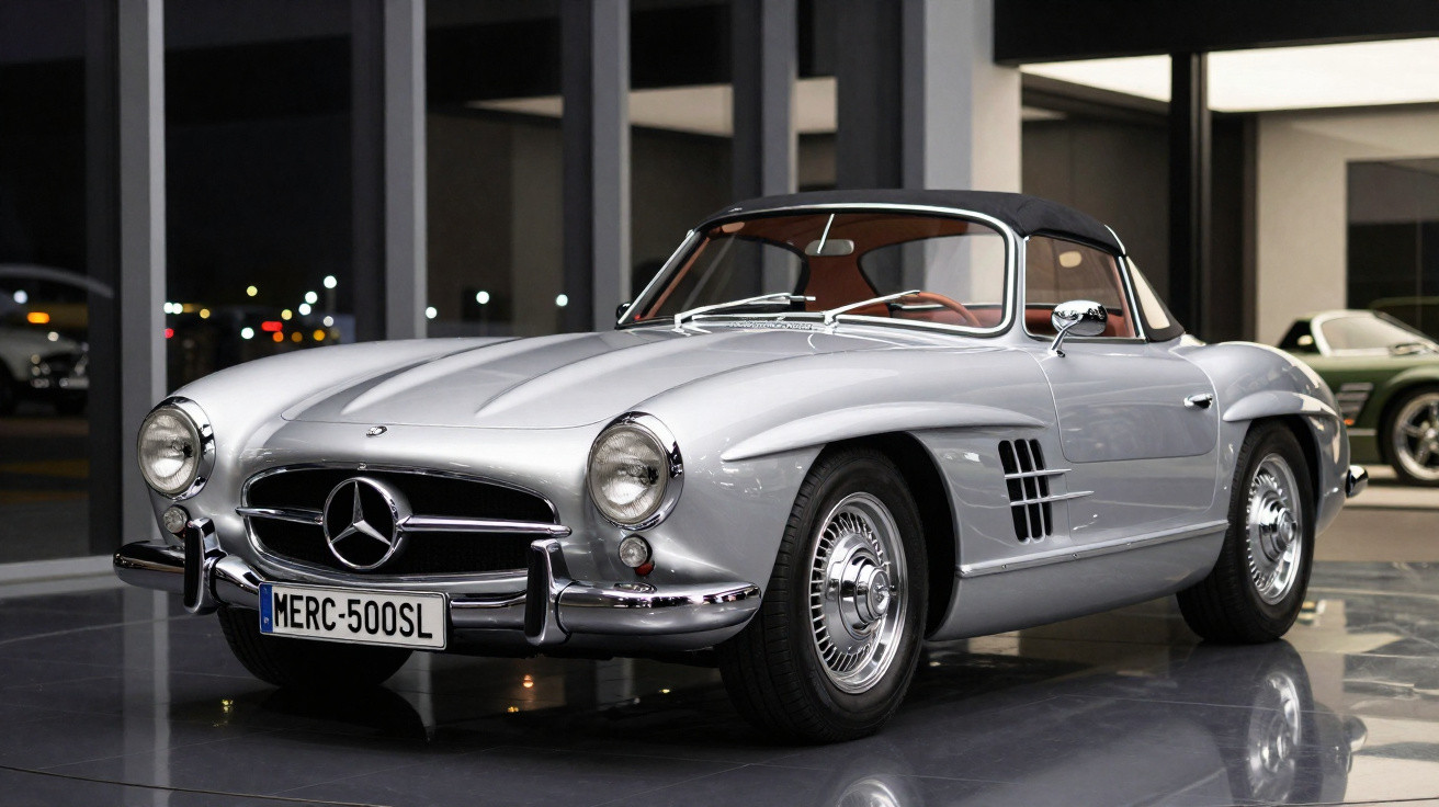 Carro clássico Mercedes-Benz prata conversível estacionado em showroom moderno e iluminado.