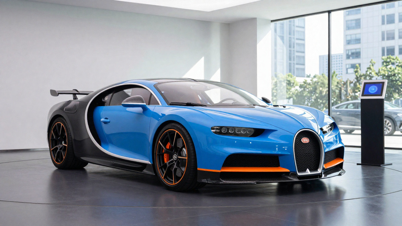 Carro esportivo Bugatti azul e preto em exposição em ambiente interno com janelas grandes ao fundo.