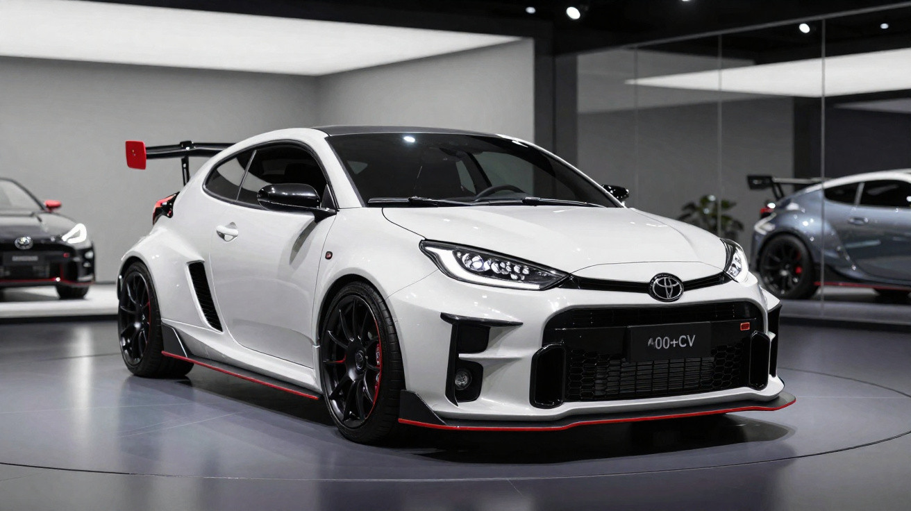 Carro esportivo branco com aerofólio vermelho exibido em showroom moderno com espelhos nas paredes.