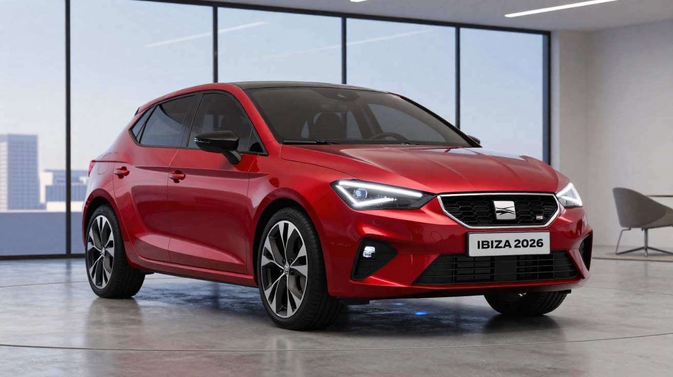 Carro vermelho Seat Ibiza 2026 estacionado em ambiente interno moderno com janelas grandes.