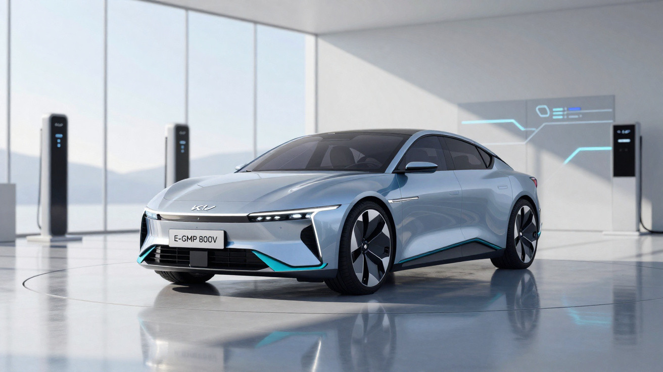 Carro elétrico cinza prateado em ambiente moderno com estações de recarga e luz natural.