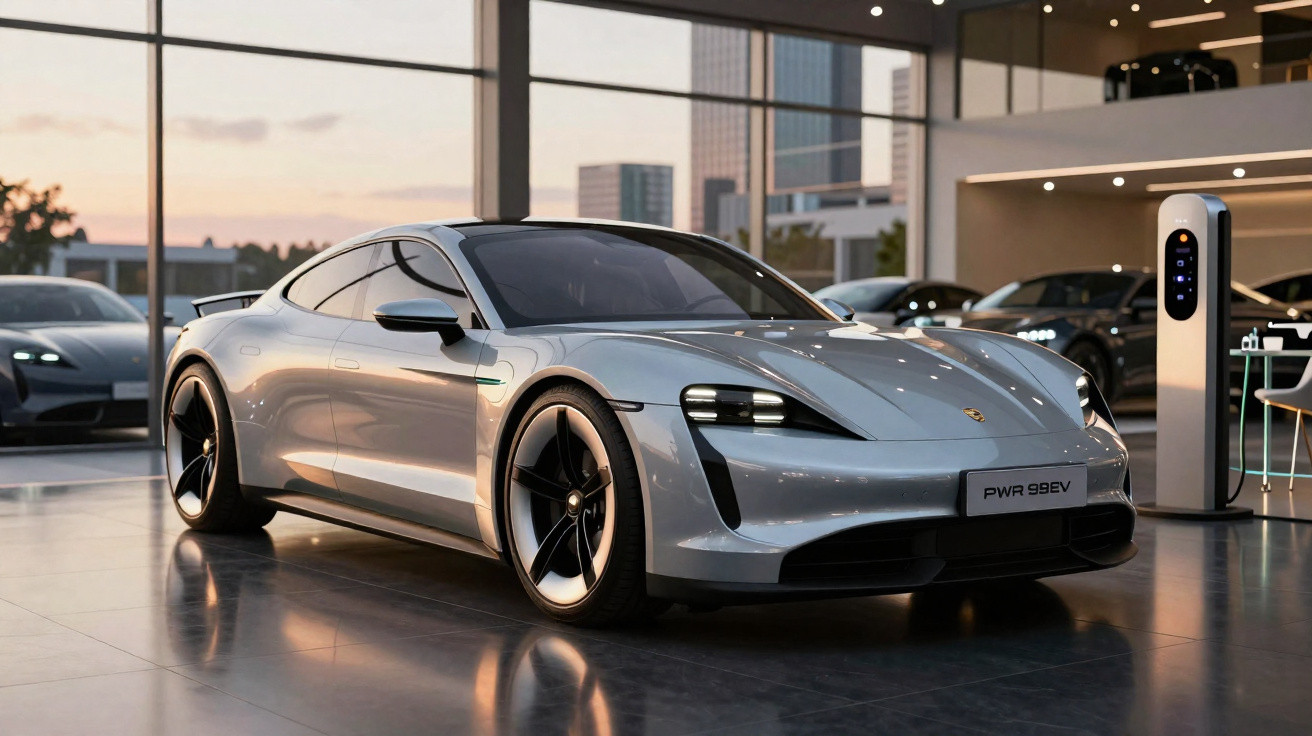 Carro esportivo elétrico prata estacionado em showroom moderno com estação de recarga ao lado.