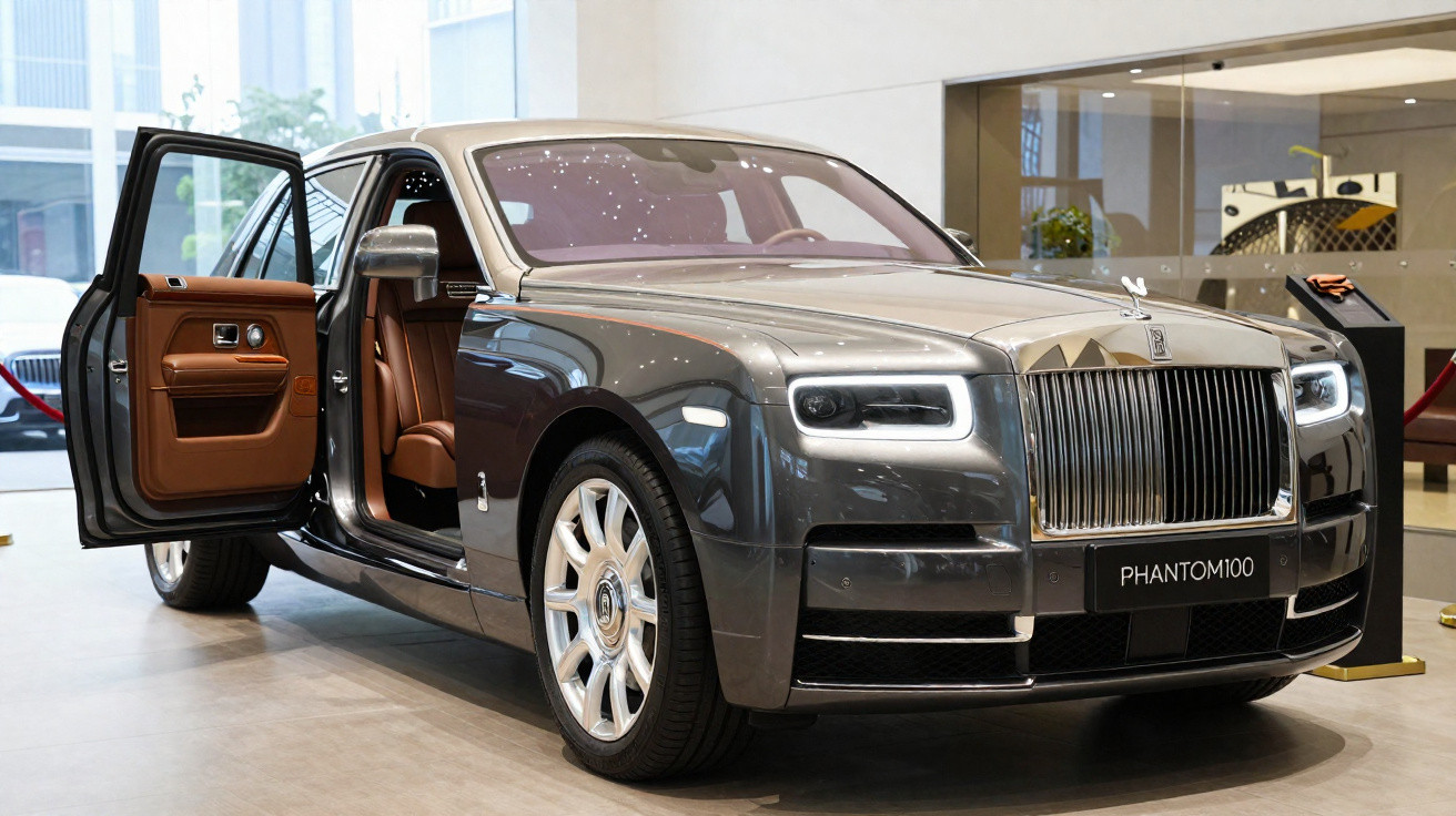 Carro de luxo Rolls-Royce Phantom 100 cinza com portas abertas, exibido em salão moderno.