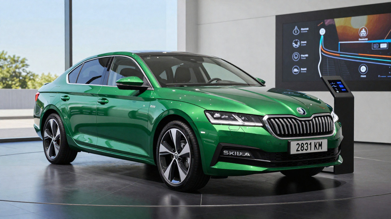 Carro sedan verde metálico Skoda em exposição interna com painel digital ao fundo.