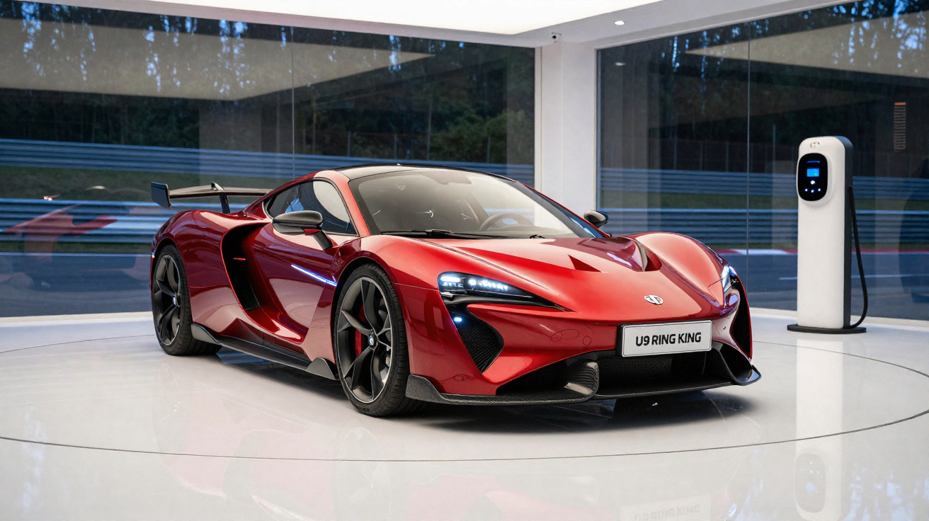 Carro esportivo elétrico vermelho estacionado ao lado de carregador em ambiente moderno e iluminado.