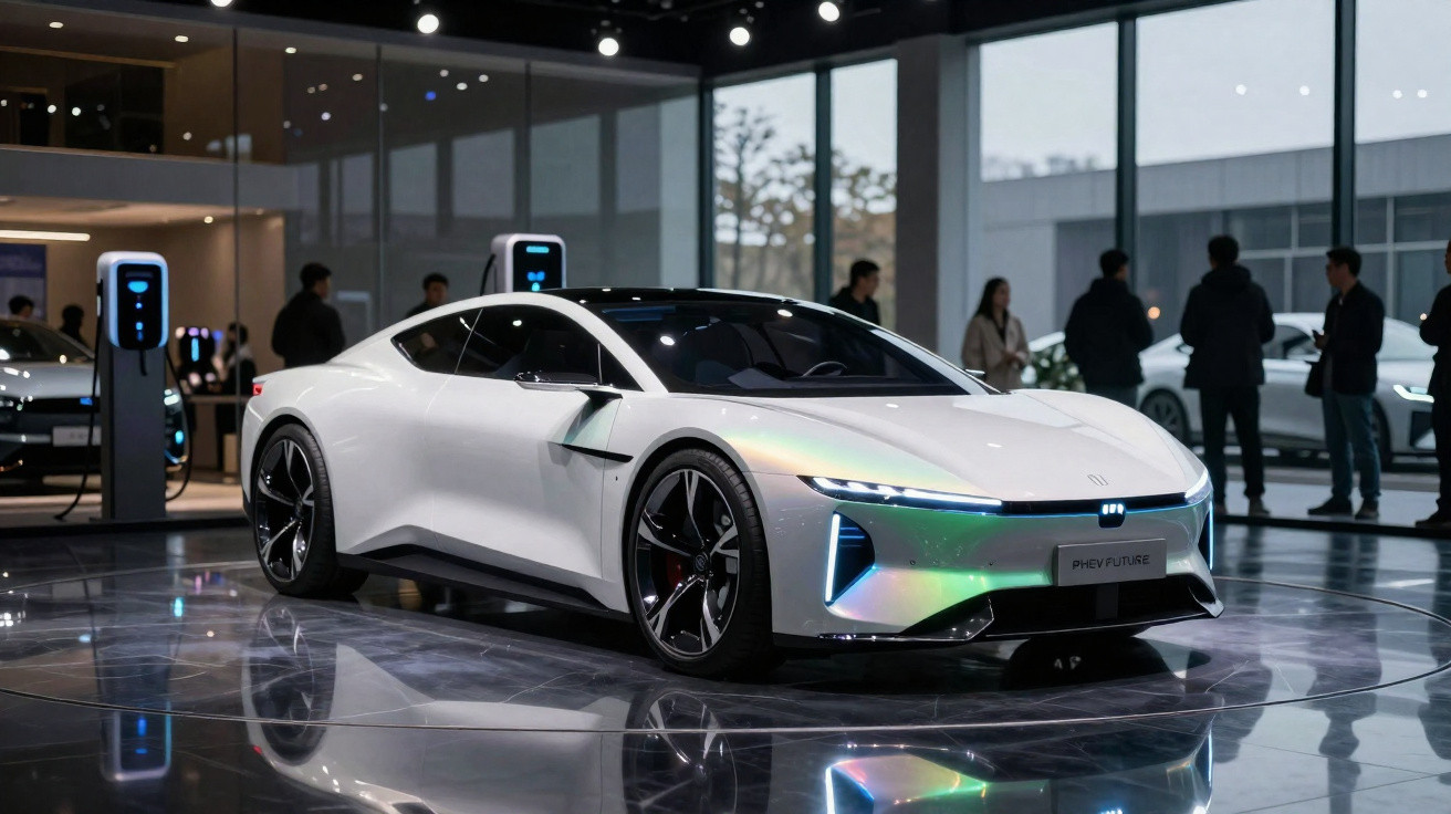 Carro esportivo elétrico branco em exposição, com rodas pretas e pessoas ao fundo em showroom moderno.