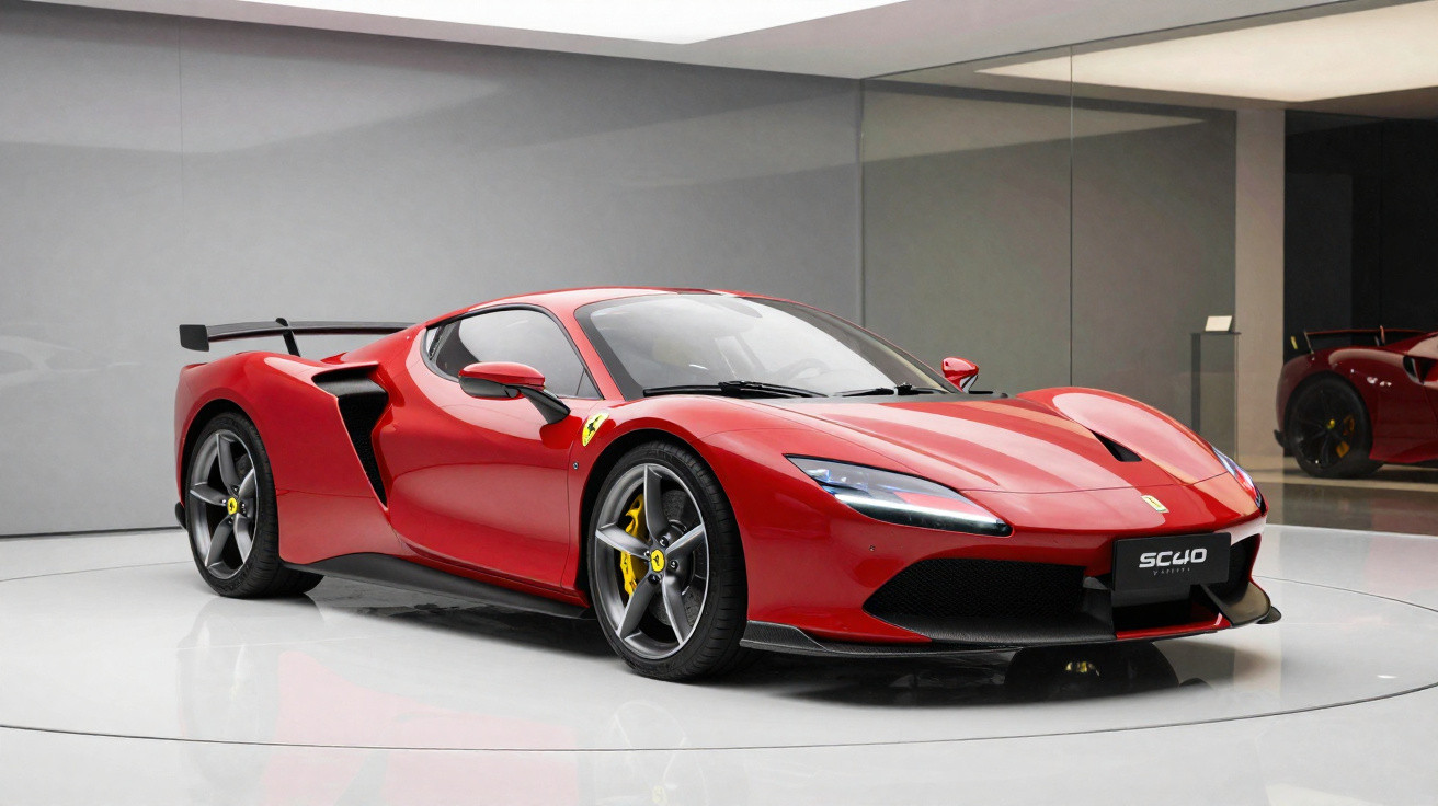 Carro esportivo vermelho Ferrari Scuderia com rodas pretas e detalhes amarelos exibido em sala moderna branca.