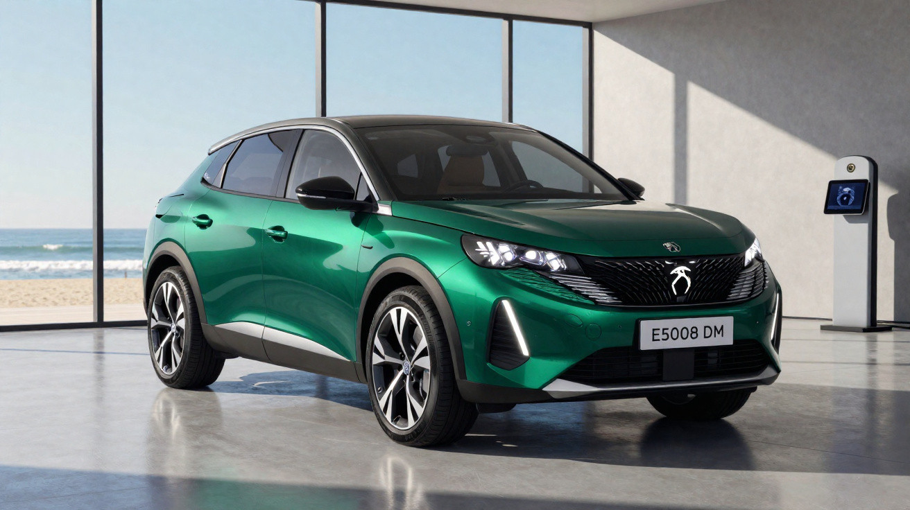 Carro elétrico SUV verde com teto preto em showroom moderno com parede de vidro e vista para a praia.