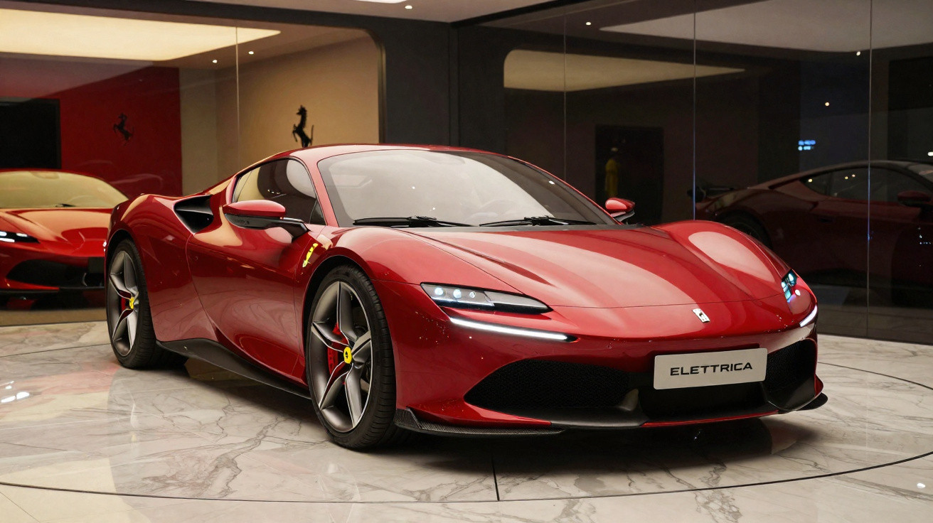 Carro esportivo vermelho Ferrari Elettrica estacionado em piso de mármore com paredes espelhadas ao fundo.