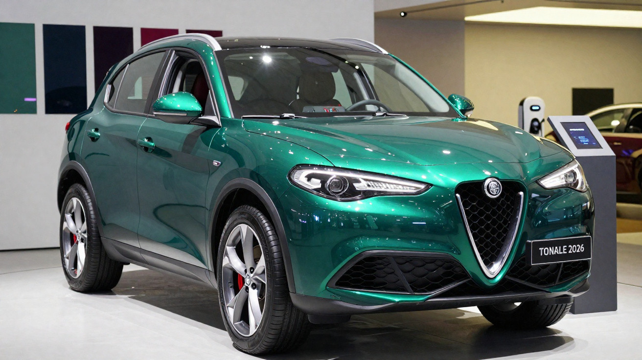 SUV elétrico Alfa Romeo Tonale 2026 verde em exposição interna em ângulo frontal direito.