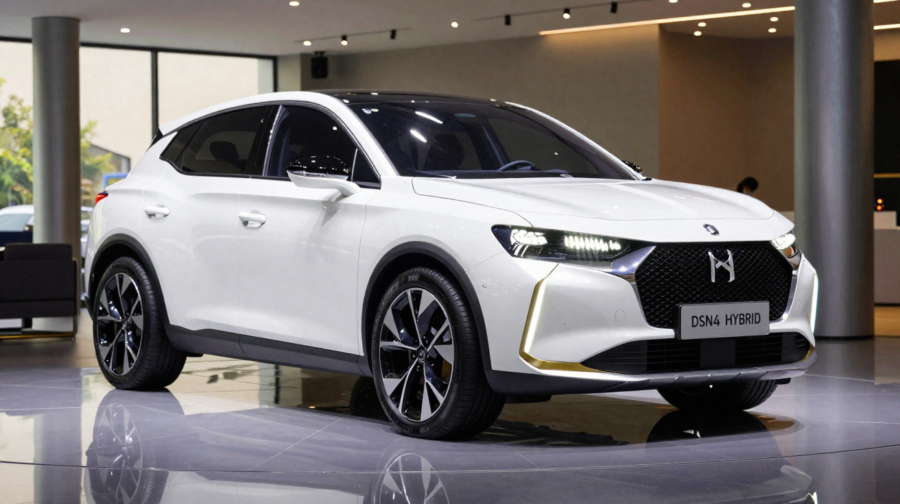 Carro branco DS4 Hybrid em exposição, com design moderno e faróis acesos em ambiente interno.