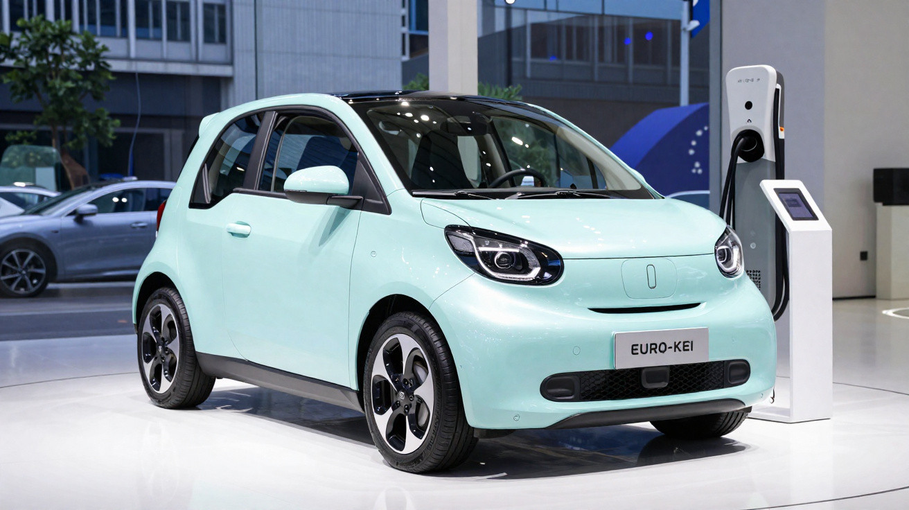 Carro elétrico compacto azul claro em estação de recarga dentro de salão moderno.