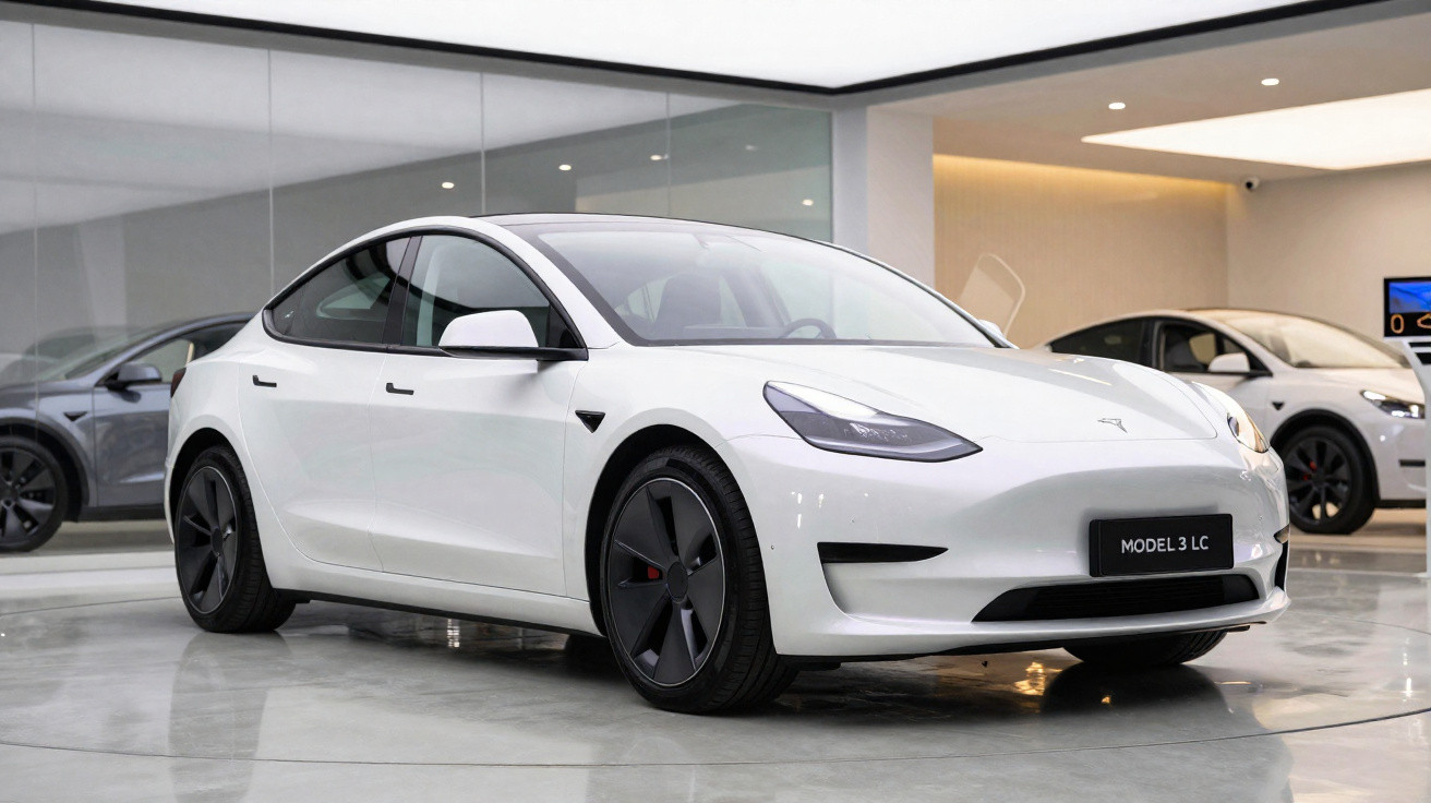 Carro elétrico Tesla Model 3 branco em showroom moderno com piso cinza e paredes de vidro.