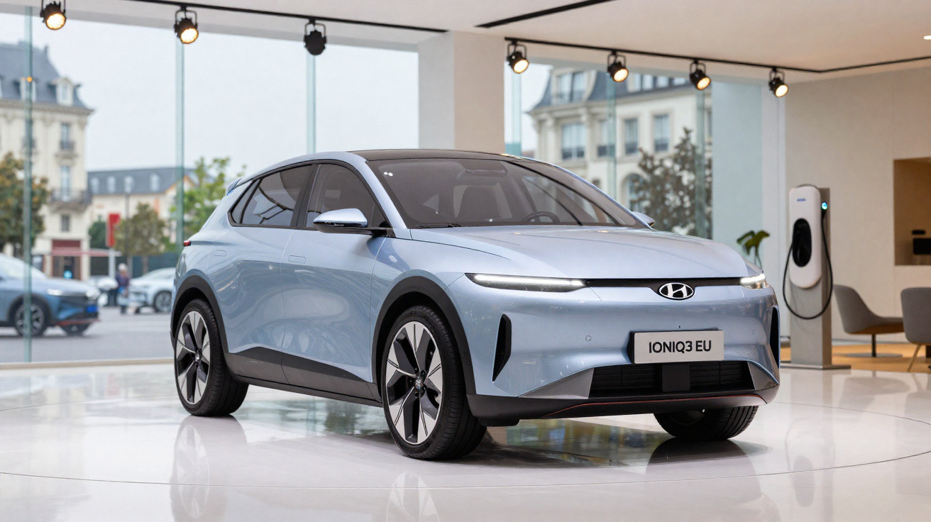 Carro elétrico Hyundai Ioniq 5 azul exibido em showroom moderno com poucos móveis e carregador ao fundo.