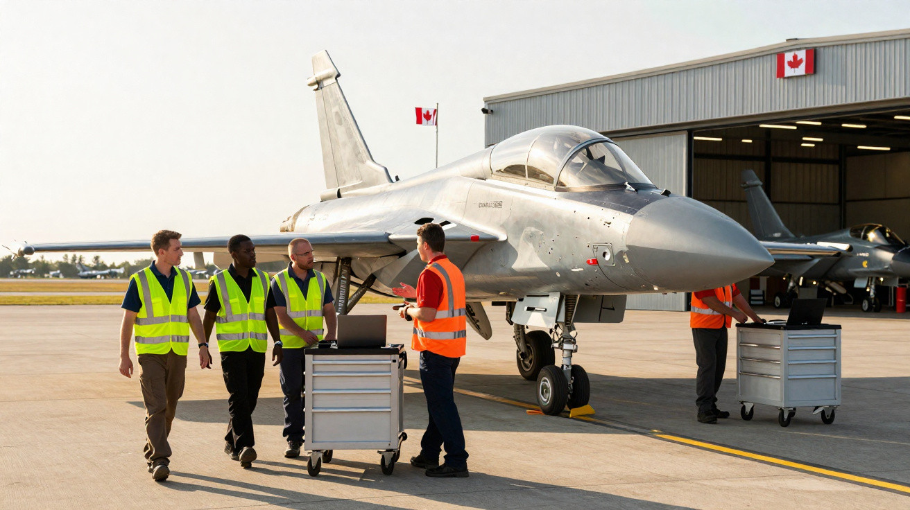 Equipe de manutenção com coletes fluorescentes perto de avião militar em hangar com bandeiras do Canadá.