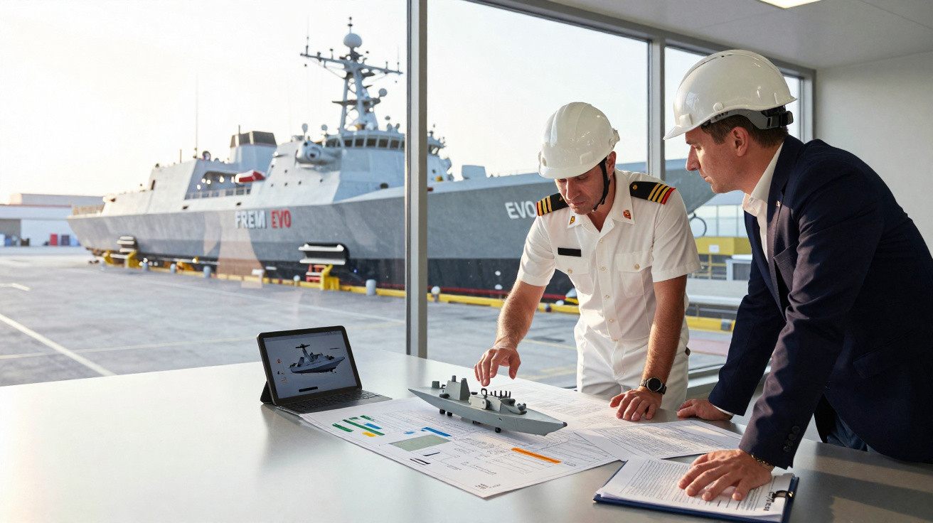 Dois homens com capacetes discutem maquete de navio e planos em mesa diante de grandes janelas com navio ao fundo.