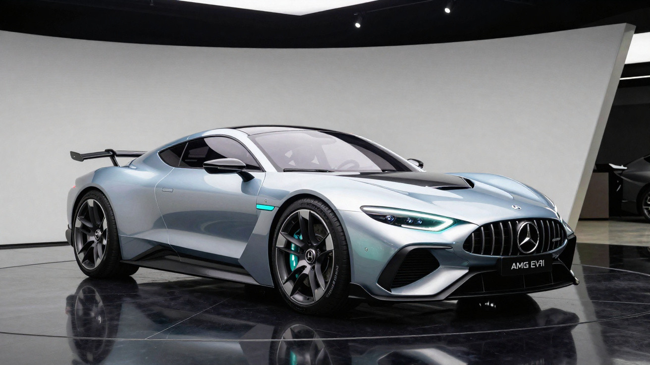 Carro esportivo Mercedes AMG EV, cor prata, design moderno e aerodinâmico, em ambiente interno iluminado.